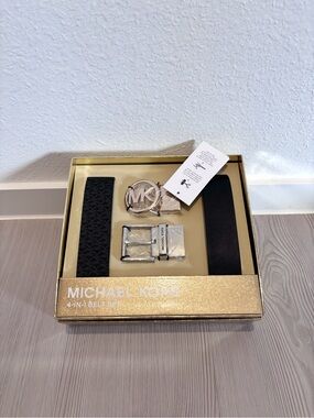 Michael Kors Black and Gold 4-in-1 Belt Set with MK Logo Buckle